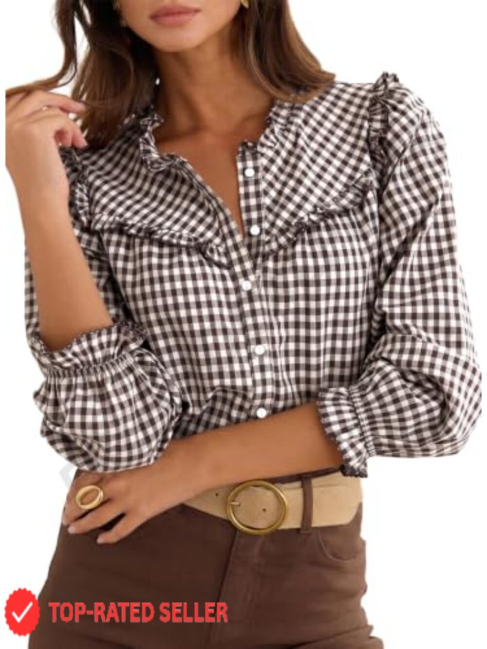 Gingham Ruffle Collar Button Down Puff Sleeve Blouse Fall Top